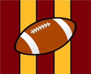 Washington's football colors in the background of a cartoon football