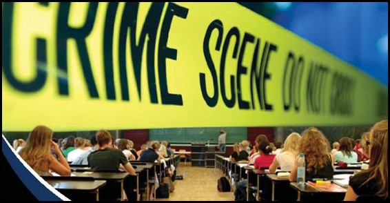 Yellow crime scene tape photoshopped into a classroom of young adults facing the front of the room