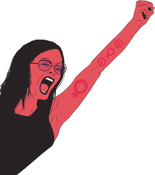 A woman yells with her fist in the air