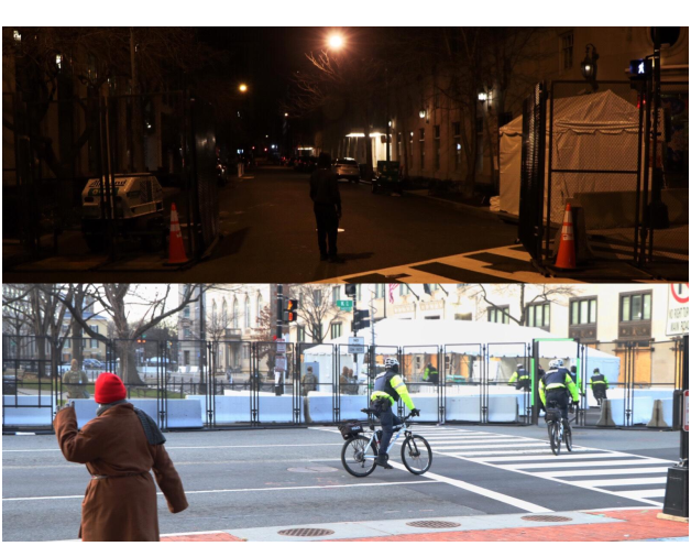 A night and day comparison of a street near the White House, showing that the fence blocking it in the day photo was established quickly overnight.