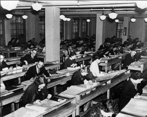 Source: the National Archives and New Deal Network. WPA workers indexing and preserving census records, New York City, October 1936.