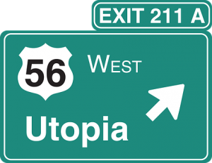 Exit road sign that reads "Utopia"